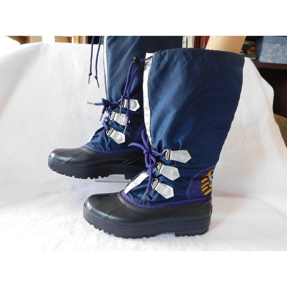 Vtg Sorel Hand Crafted Natural Rubber Women's Blue & Purple Laces Boots Size 7 - Picture 1 of 9